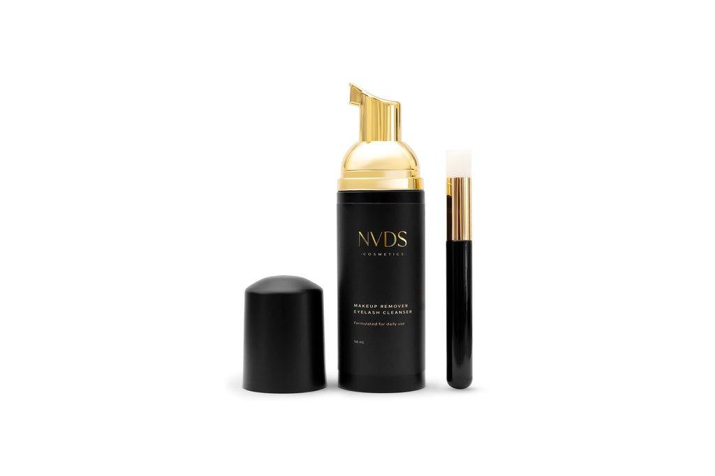 Bottle of NVDS Eyelash Cleanser and Makeup Remover, designed to gently clean and remove makeup from eyelash extensions, ensuring a thorough cleanse while maintaining lash health.