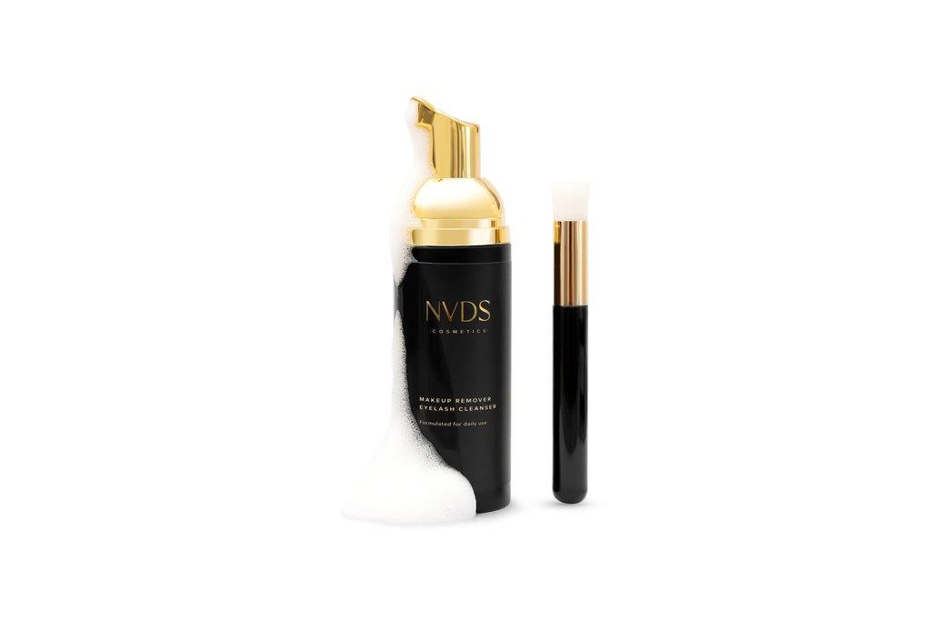Bottle of NVDS Eyelash Cleanser and Makeup Remover, designed to gently clean and remove makeup from eyelash extensions, ensuring a thorough cleanse while maintaining lash health.