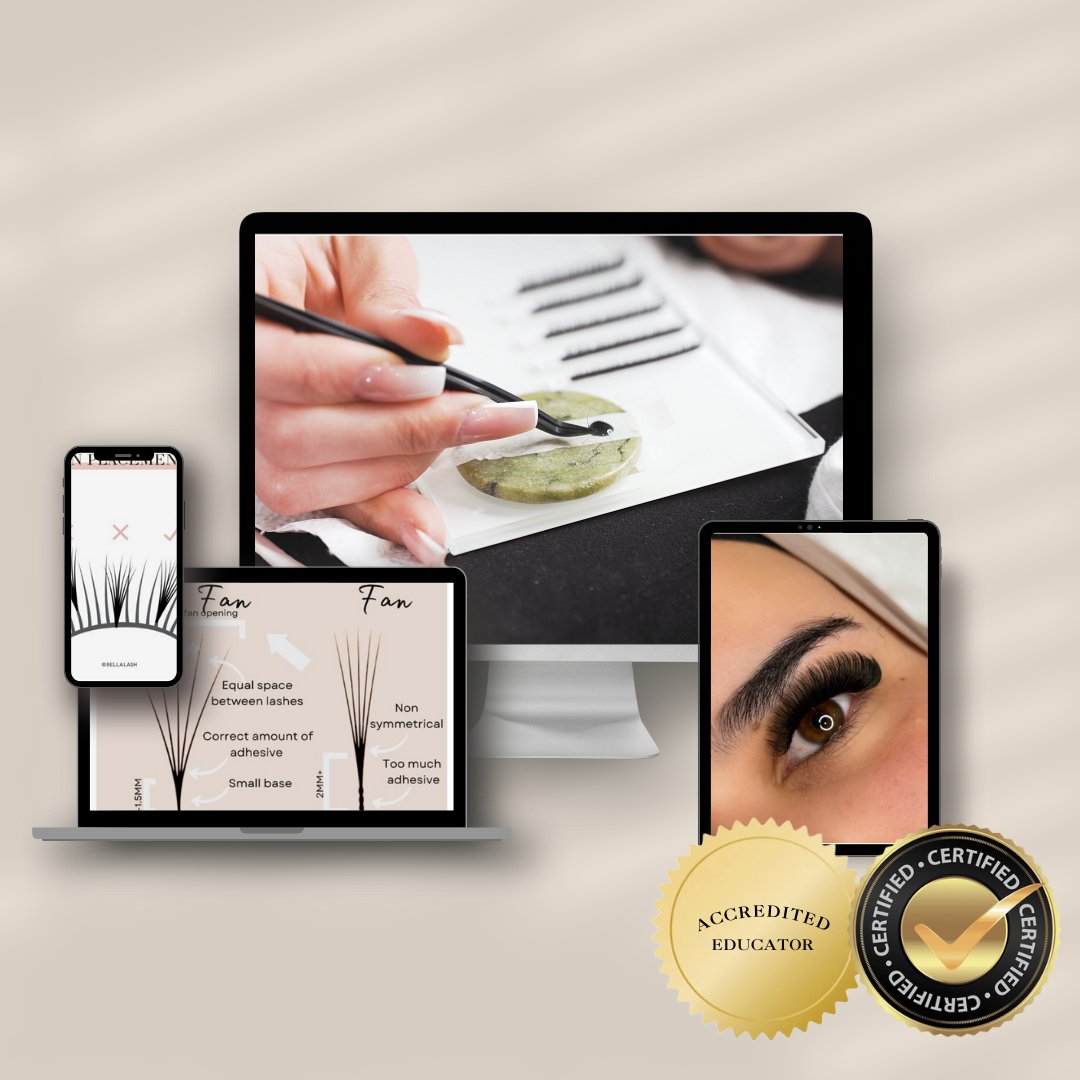 Online Russian Volume, Wet, Wispy, and Strip Lash Course, providing virtual training in advanced techniques for creating various lash styles, including Russian Volume and Wet, Wispy, and Strip looks.